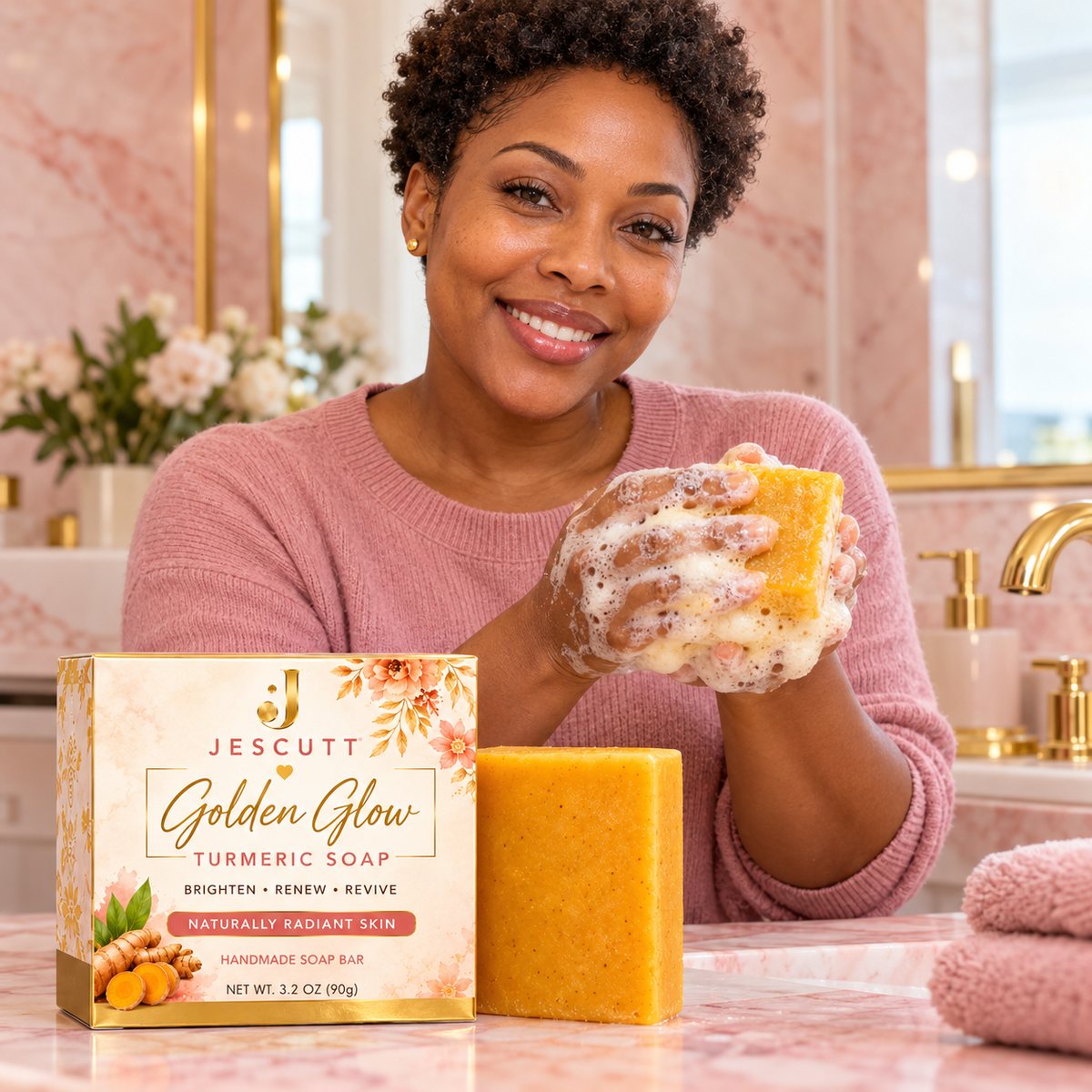 A woman using JESCUTT Golden Glow Turmeric Soap