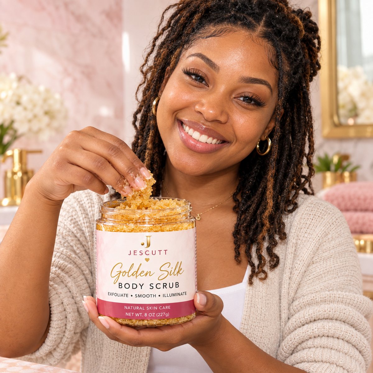 A woman using JESCUTT Golden Silk Body Scrub