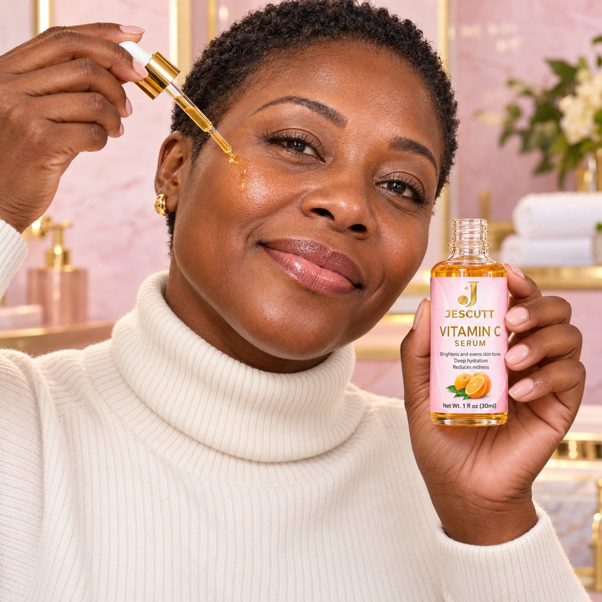 A woman using JESCUTT Vitamin C Serum