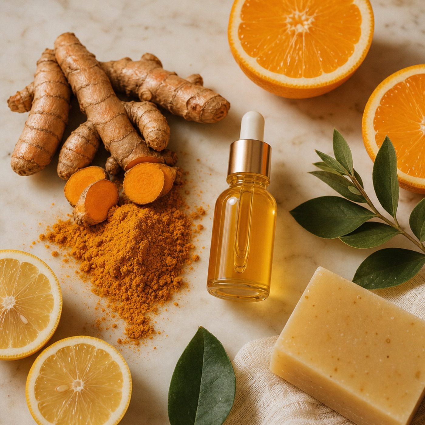 Turmeric root, golden turmeric powder, citrus and a natural soap bar