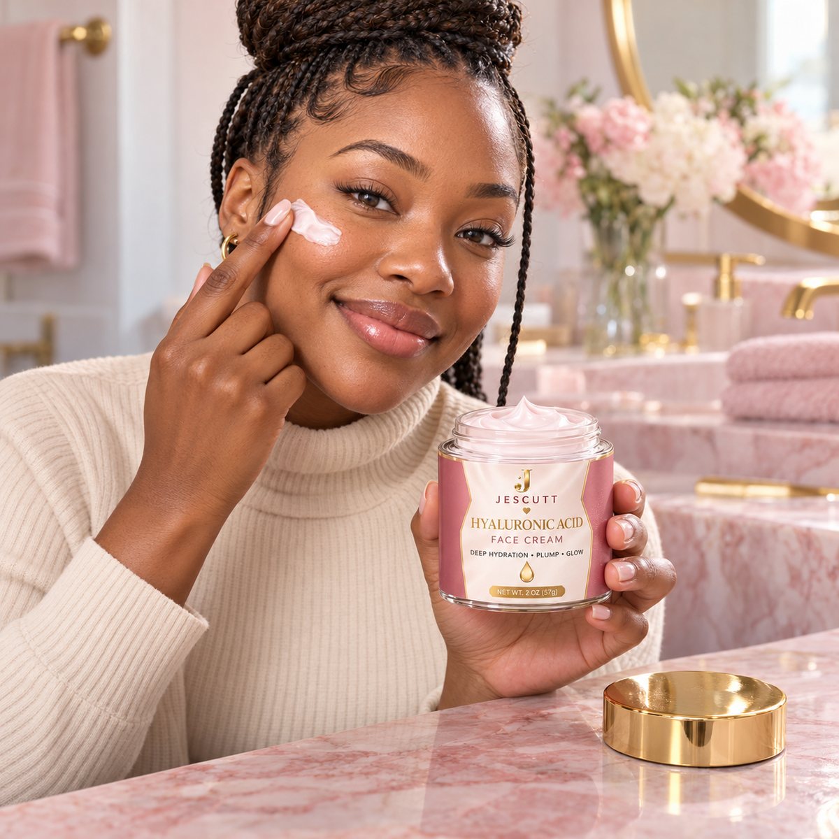 A woman using JESCUTT Hyaluronic Acid Face Cream