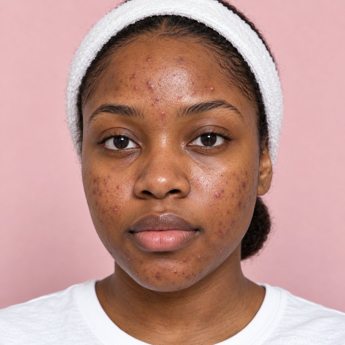 Skin with an acne breakout on the forehead, cheeks and chin