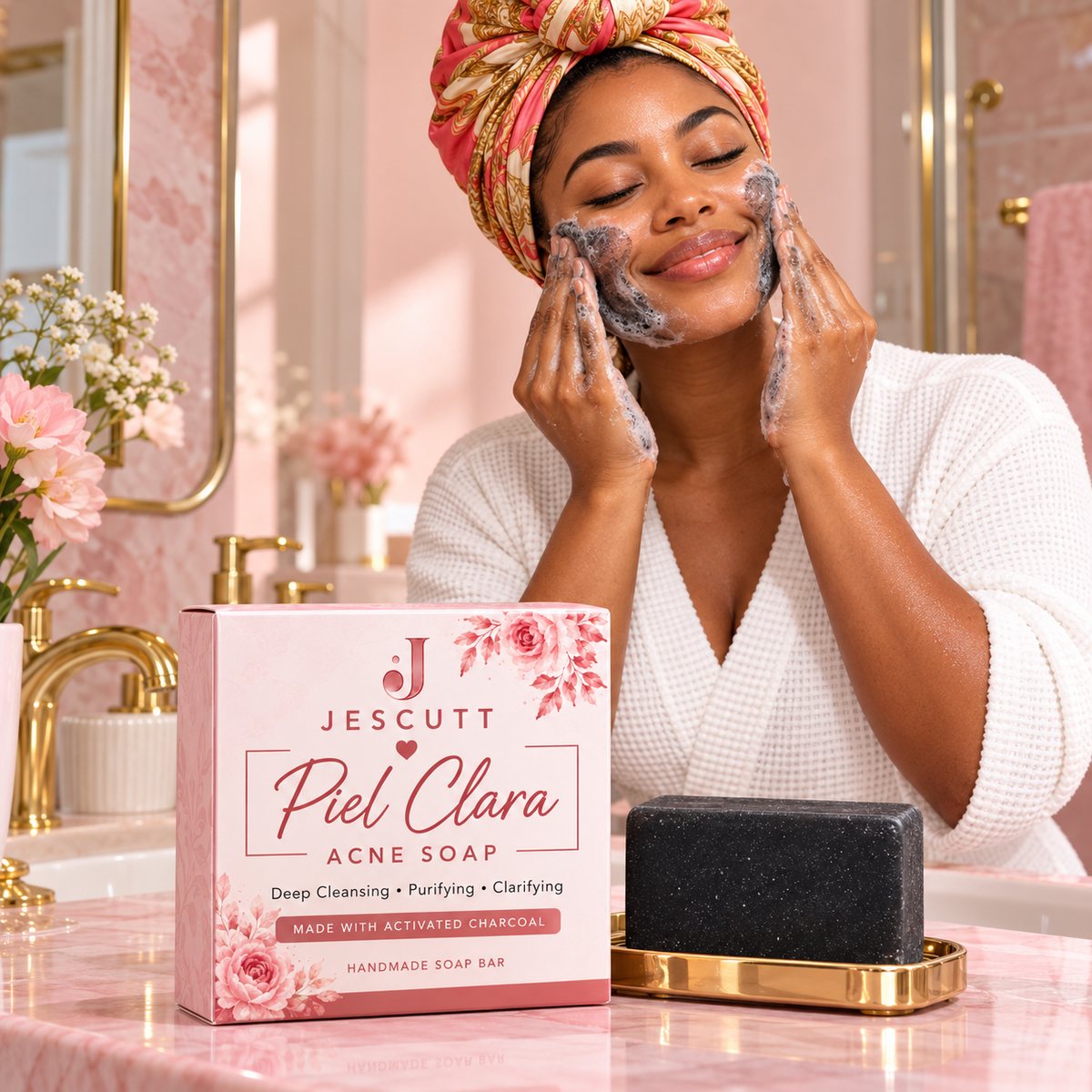 A woman using JESCUTT Piel Clara Acne Soap