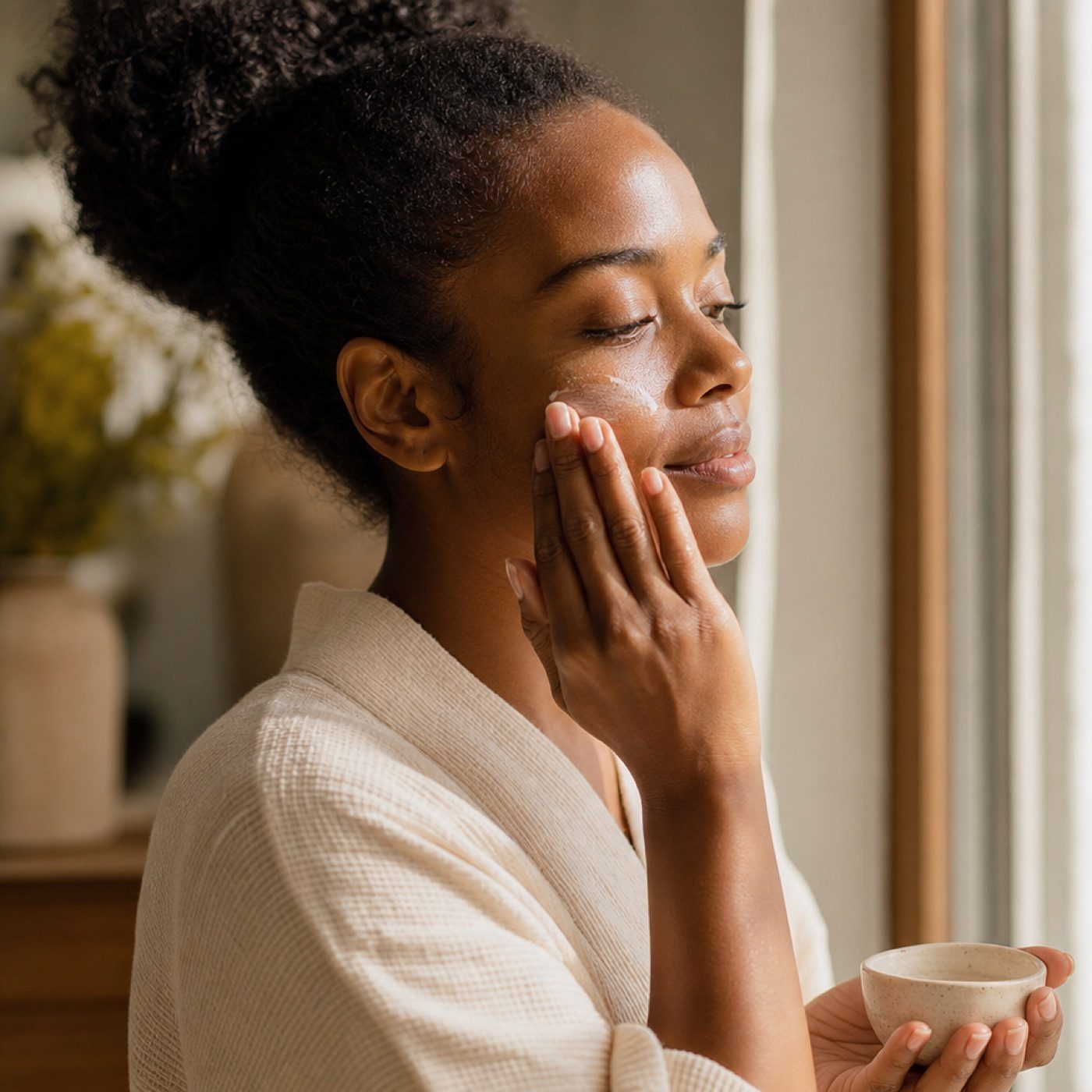 Woman applying serum with a natural glow