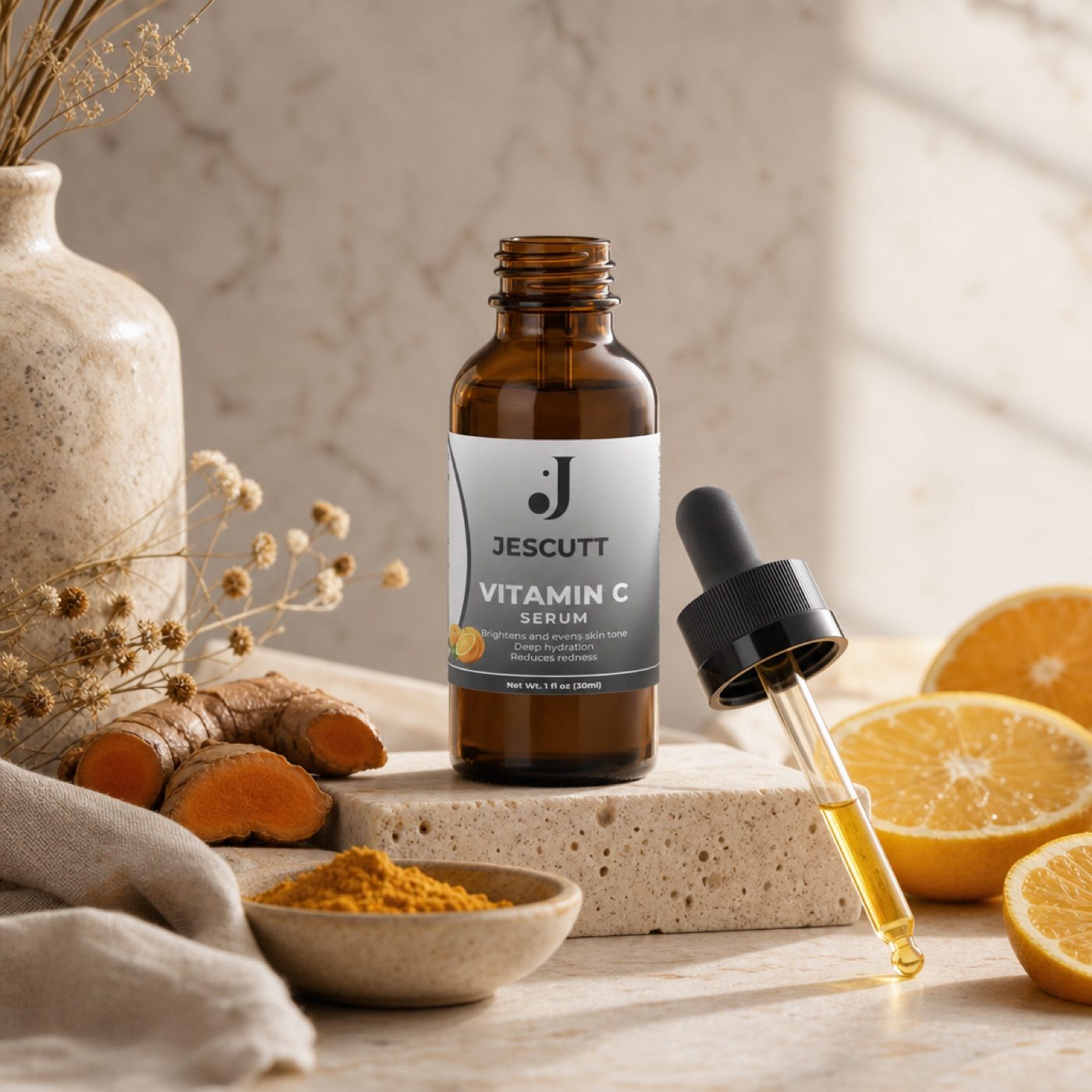 Glow-Boost Vitamin C Serum styled with turmeric and citrus