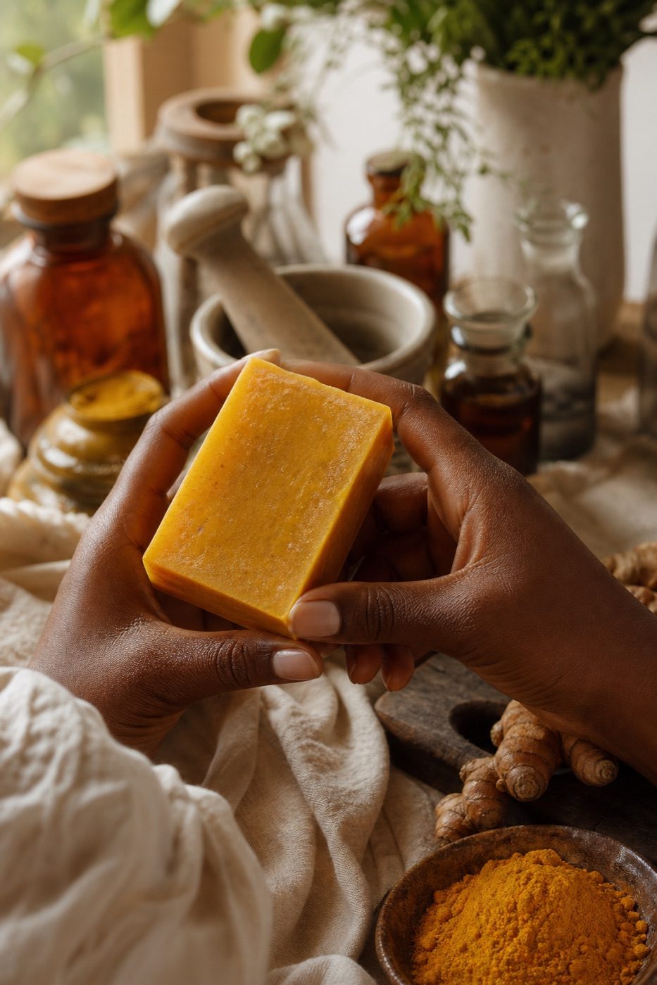 Hands holding a natural JESCUTT soap bar